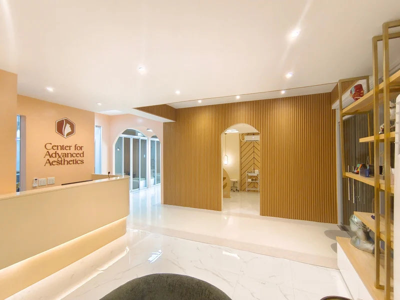 Front desk and treatment room entrance at Center for Advanced Aesthetics in Quezon City